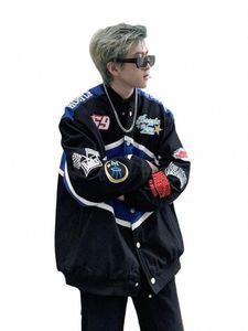 gmiixder Autumn Bomber Jacket Original American Retro Patch Embroidery Racing Baseball Uniform Men's Handsome Motorcycle Jacket l0JY#