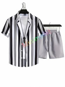 New Fi Hawaiian Strip Stampa Camicia Set Manica corta Butt Streetwear Estate Camicia casual Beach Due pezzi Abiti Uomo Set 06qq #