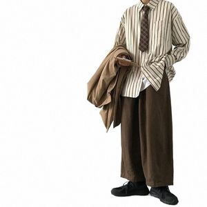 men Vintage Set Spring Autumn Couple Casual Suits New Stripe Loose Lg Sleeve Shirt+High Street Wide Leg Pants Two Piece Set Q0ZG#