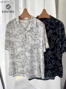 Women's Blouses Shirts BirdTree 20MM silk black and white thread womens shirt sand washed satin short sleeved shirt 2024 summer new top T41566QCL240328