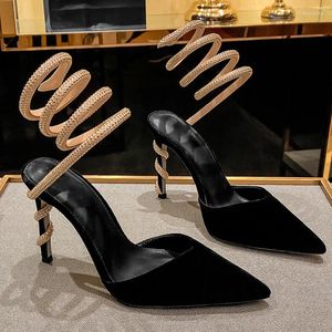 Sapatos de vestido diamante em forma de cobra envoltório tornozelo apontou dedo fechado stiletto bombas mulher verão 2024 salto alto casamento nupcial luxo sandália