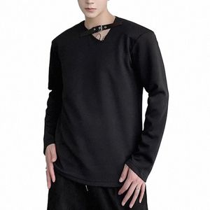pfhq Design de laço de couro com decote em V T-shirt masculina de manga LG bonito original cor sólida verão legal bonito casual tops 21Z4004 66xs #