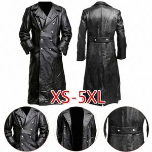 Herren DEUTSCHER KLASSISCHER WW2 MILITÄR UNIFORM OFFIZIER SCHWARZES ECHTLEDER TRENCHCOAT 03jX#