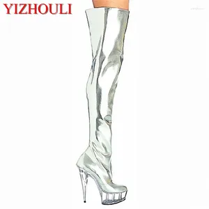 Танцевальная обувь и розничная продажа, серебряные женские сапоги выше колена из лакированной кожи высотой 6 дюймов, сексуальные мотоциклетные сапоги 15 см, прозрачные