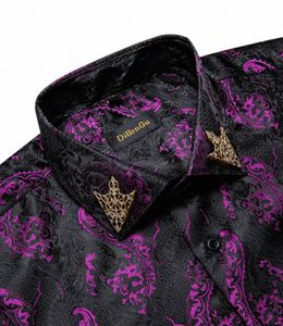 Camicie Busin Dr da uomo viola nere con maniche Lg Camicia di lusso con colletto rovesciato Camicia Paisley sociale Primavera Autunno Uomo Camicetta casual E4WW #