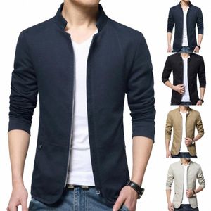 casual Men Blazer Spring Autumn Stylish Busin Casual Jacket Solid Color Stand Collar Zipper Pockets Thin Slim Blazer Coat T7P0#