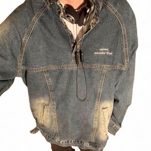 Men's Denim Jacket Spring Autumn Retro Stand Collar Cowboy Outside Par Blue Pockets LG Sleeves Butts Pullover Tops R4cx#