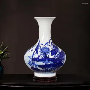 Vasi Vaso in ceramica Jingdezhen Lotus con fiore 3D dipinto a mano in blu e bianco ornamento decorazione domestica in porcellana