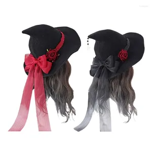 Basker Witch Hat Rose Big Bow Halloween Gifts Fun Fancy Dress Party Light Up Glitter Wide Brim Witches For Head Ornament