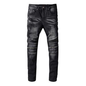 Trendamiri 607 High Street Fashion Brand un pantalone con cerniera stile punk nero jeans skinny elastici da uomo