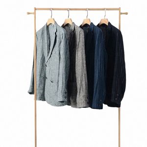 d021 New Men Linen Suit Spring Casual Profial Youth Chic Back Split Loose Fi Solid Color Pocket Vertical Stripe Coat t8tK#