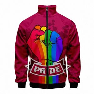 최신 LGBT FI 3D 스탠드 칼라 남성 여성 레인보우 플래그 레즈비언 게이 지퍼 재킷 캐주얼 LG 슬리브 재킷 코트 옷 96za#