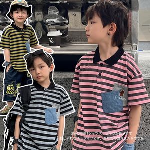 أزياء الأطفال Stripe Polo Shirt Boys Cartoon Letter Pocket Short Sleeve T-Shirt 2024 Summer Kids Cotton Tops Z7368