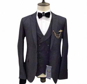 Ternos de lã masculina treliça lapela tweed smoking fino ajuste lazer casaco de inverno padrinhos ternos de casamento 3 peças blazer + colete + calças D5aP #