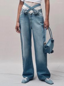 Jeans da donna Tridimensionale Fiore di rosa Vita Decorativa Cross-tie Temperamento Y2k Versatili pantaloni dritti azzurri