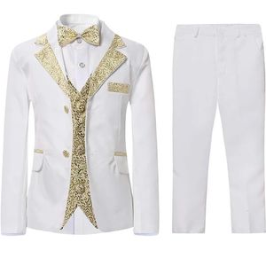 Pojkar Slim Fit Suits 5 Pieces Set Kids Blazer Vest Pants Shirt Bowtie Jacket med guldfälgar för Wedding Party Prom 240312