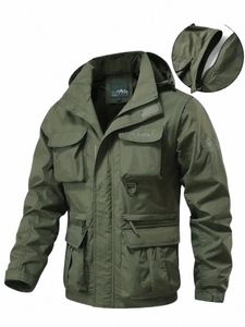 detachable windproof hooded jacket, men's casual waterproof multi bag cargo jacket vest suitable for outdoor activities A2bv#