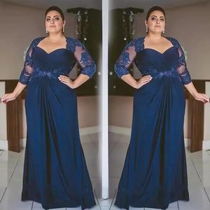 Plus Size Dark Navy Mother Of The Bride Groom Dresses Sweetheart Lace Appliqued With 3/4 Long Sleeves Women Special Occasion Prom Gowns Wedding Mother Dress CL3424