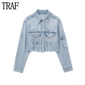 Traf Croped Denim Jacket Women Blue Jean Jackets For Women Long Sleeve Bomber Jacket Woman Streetwear Ripped Jackets Rockar 240320