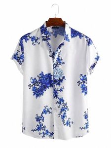 Camisa impressa masculina europeia e americana do sudeste asiático casual pintura de tinta flor de ameixa camisa de lapela de manga curta S-3XL p1Bz #