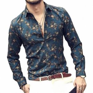 men Casual Butt Down Silk Satin Vintage Floral Print Shirts Male Slim Lg Sleeve Classic Design Shirt Fi Slim Shirt Tops l0Sf#