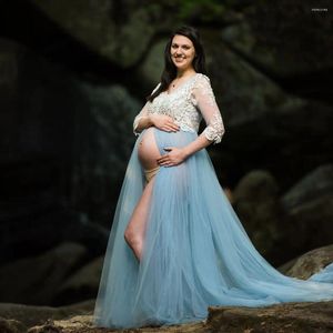 Party Dresses Baby Blue Tulle Maternity Lace Applique V Neck Prom Dress Shower Gowns Boho Front Slit Robe De Mariee