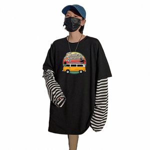 outdoor Pattern Printing Fake Two Clothes Spring and Autumn Striped Lg Sleeve Crew Neck Top Boy Student Lg Sleeve T-shirt K1om#