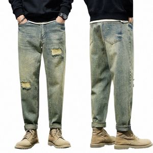 Jeans strappati Uomo Loose Fit Retro Blu Jeans larghi Distred Pantaloni denim Hip Hop Streetwear Biker Moto Patchwork Jeans sfilacciati h9Jq #