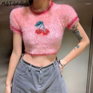 Women's T Shirts Matakawa Y2k Knitted Shirt For Women Print Cherry Spring Summer Sexy Vintage Ropa De Mujer Ins Fashion Pink Short Tees