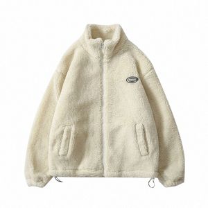 Хип-хоп Зимняя флисовая пушистая куртка Уличная одежда Harajuku Fuzzy Zipper Coat Мужчины Осень Сплошной цвет Легкие куртки Черный Бежевый K8Vx #