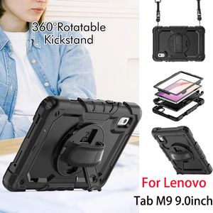 For Lenovo Tab M9 K9 9.0 inch Case Hand Wrist Strap 360 Rotating Kickstand Cover Kids Safe Shockproof Full-body Protective Cases + S Pen Holder +PET Film+ Shouler Strap