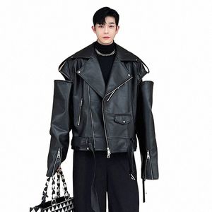 iefb Trend Men's Leather Jackets Autumn Winter Windbreaker Wide Shoulder Flight Suit Niche Design Split Pu Leather Coat 9C2293 93nP#