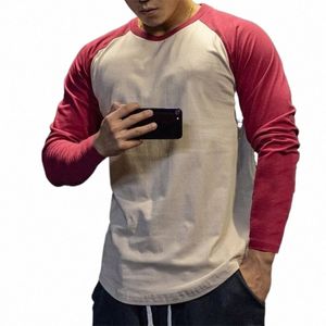 men Cott T shirt Lg Sleeve Patchwork Shirt Bodybuilding Curved Hem Workout Fitn T-shirt Men Spring Autumn sport Clothing H4rL#