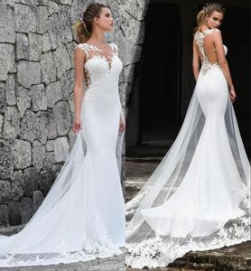 Elegant Sheer Cap Sleeve Lace Mermaid Wedding Dresses 2019 Tulle Applique Sweep Train Summer Beach Wedding Bridal Gowns robes de m8600017