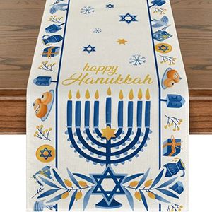 Happy Hanukkah Menorah Table Runner Seasonal Chanukah Kitchen Dining Decoration for Outdoor Home Party 240325