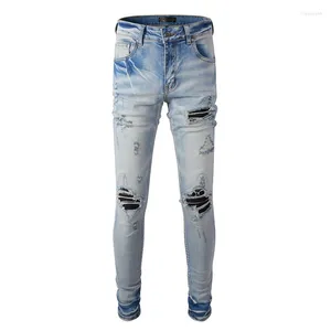 Мужские джинсы, модные стильные полые эластичные джинсовые обтягивающие повреждённые ребра, лоскутные облегающие синие брюки