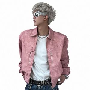 mens Cropped PU Leather Jacket Fi Turn-down Collar Gradient Color Retro Coat Zipper Men's Motorcycle Outwear Spring Pink L7re#