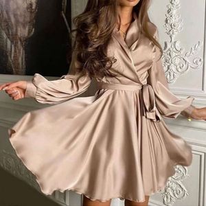 Dress With Long Sleeved V-Neck Solid Color A-Line Large Hem Small Lantern Sleeve Belt Short Style Dress For Women 916540