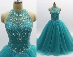 Real Po Sparkly Crystal Quinceanera Abiti da ballo 2022 Abito da ballo con collo trasparente Tulle Hollow Back con cerniera cocktail formale per feste 7105864