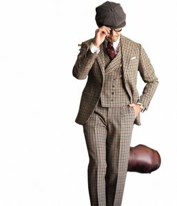 new Men's Suit 3 Pieces Blazer Vest Pants Single Breasted Peaked Lapel Plaid Busin Stripes Plaid Wedding Groom Costume Homme W0oy#