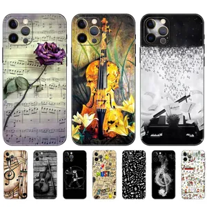 رموز الموسيقى ناعمة TPU لحالة iPhone 15 Pro Max 14 Plus 13 12 11 XS Max XR X 8 7 6 iPhone15 Retro Piano Guitar Rose Flower