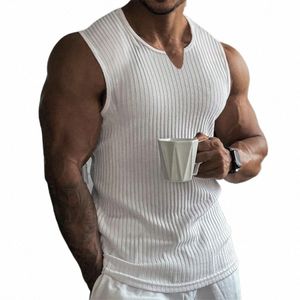 men Vest V-neck Fast Drying Stretch Fitn Clothes Gym Running Training Slim Vertical Stripe Fi Sportswear Sleevel i6Pt#