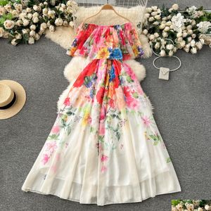 Grundlegende lässige Kleider 2024 Sommer Off Shoder Wunderschöne Blumenurlaub Chiffon Flowy Kleid Frauen Bogengürtel Elastische Taille Blumendruck Lon Otfd7