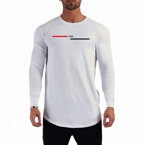 fi Paris Imprimir Correndo T-shirt Lg Manga Cott Slim Fit Ginásio Roupas Esportivas Mens Fitn Musculação Muscle Tee Tops 88nO #