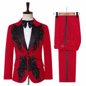 Elegancki zastosowany dwuczęściowy garnitur męski na bankiet weselny Dance Dance Prom Costume Men Men Blazer Chinese Style D6rn#