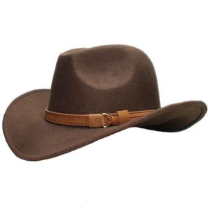 Vintage ebeveyn-çocuk kadın erkek çocuk çocuk yün geniş ağzı kovboy batı şapkası cowgirl bowler cap deve deri band 54-57-61cm 240327