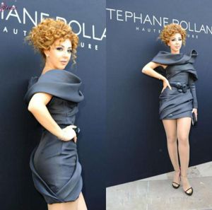 2015 Nova Moda Myriam Fares Vestidos de Celebridades Com Um Ombro Ruched Curto Sexy Custom Made Modest Black Evening Cocktail Gown8792294