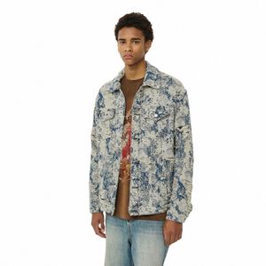 patchwork Pleated Jacquard Jean Jacket for Men Fi American Wed Ripped Denim Jackets Distred Oversized Unisex Coats 043b#