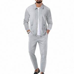 lapel Slim Fitting Male coat Waffle zipper pocket Lg Sleeved Sportswear man Cardigan jacket set Pants elegant Men's clothing Z4pr#
