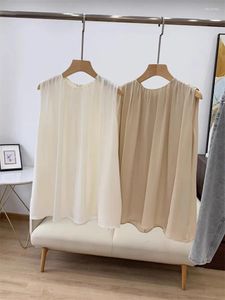 Women's Tanks Top End Women Fashion Silk Solid O-neck Pleated Tank Elegant Lady All Match Sleeveless Pullover Loose Blouse Tops